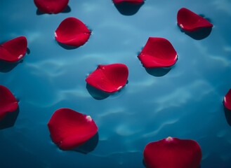 Red rose petals floating on calm blue water