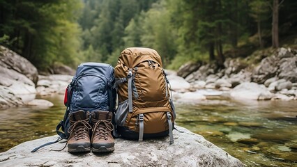 Hiking Gear in Peaceful Mountain Environment