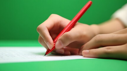 Close-Up of Human Hand Writing with Red Pen on White Paper Against Green Background in Office Setting