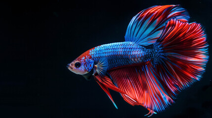 Fototapeta premium Stunning close-up of colorful betta fish with flowing fins on black background