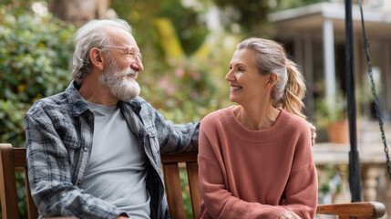 Senior Couple Laughing Together on a Park Bench, Warm Moment of Friendship and Wellness