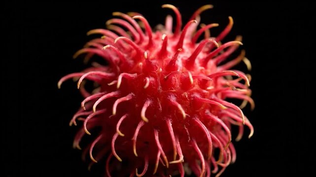 Close-up of a vibrant red, spiky seed pod against a black background, highlighting texture