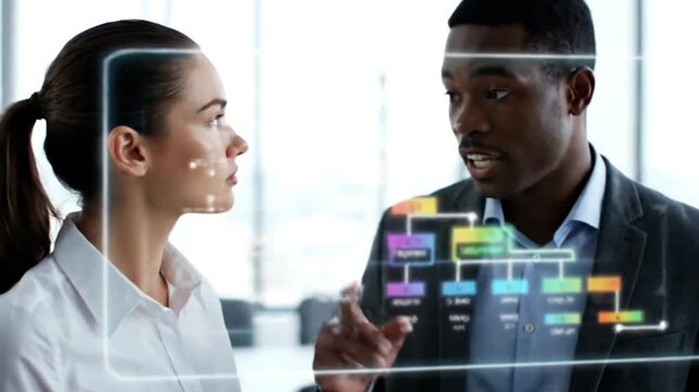 Business professionals intensely analyzing a complex holographic flow chart projected onto an invisible interface for strategic planning and data visualization in a modern corporate setting