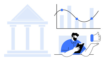 Banking sector, data analysis, financial growth, customer feedback, statistics, trends. Graph with data points, bank building businessman holding tablet. Banking sector and data analysis concept