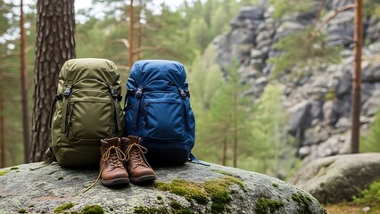 Camping Backpack and Boots by Riverbank