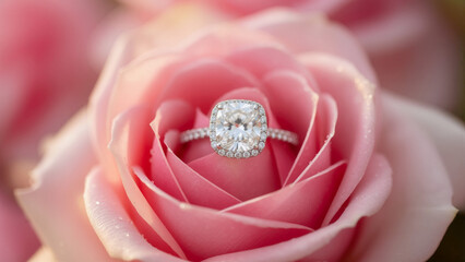 Diamond engagement ring placed in the center of a pink rose.