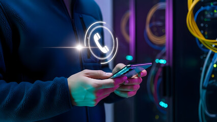 Person holding smartphone with glowing phone icon in front of server room background