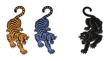 Three fierce big cats in different colors on a white background
