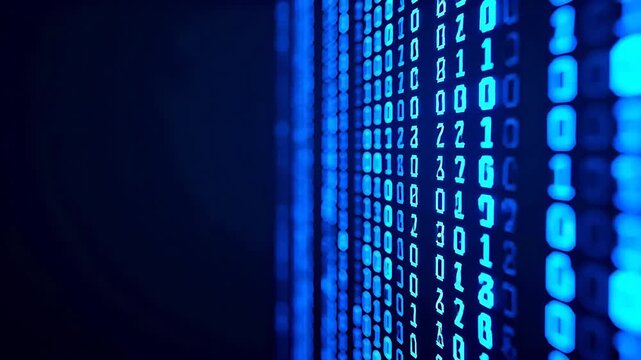 Blue binary code on dark background