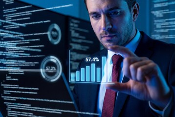Professional businessman analyzing virtual blue bar graph hologram with financial growth data