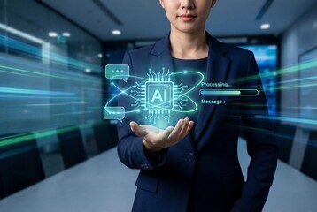 Businesswoman holding glowing virtual AI microchip hologram with data processing bar in modern office