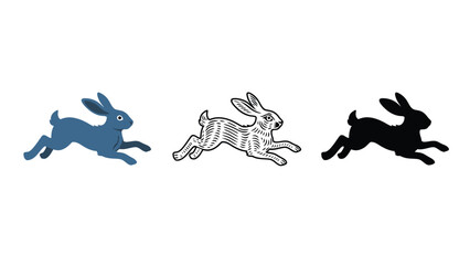 Three rabbits running together in different colors and styles side by side