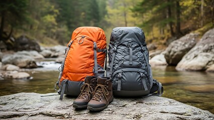 Trekking Equipment Resting Beside Rocky Stream