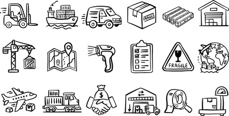Hand-drawn line art icon set, doodle style, for logistics and shipping — ideal for packaging, branding and marketing use in supply chain and freight scenarios