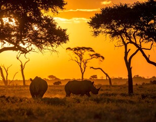 Obraz premium Two rhinos walk toward sunset, silhouetted among African trees