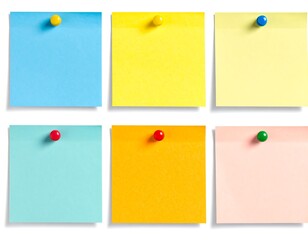 Six colorful sticky notes arranged in a grid, each pinned with a contrasting-color pushpin. They have subtle shadows