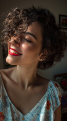 Bright Portrait Of A Smiling Woman With Curly Hair In Sunlit Light And Red Lipstick