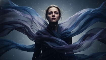 A serene woman with a contemplative expression enveloped in flowing blue and purple ethereal fabric symbolizing inner strength and spiritual transformation