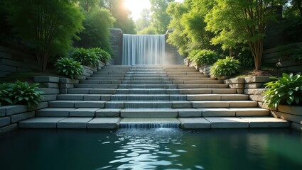 Serene waterfall in lush garden