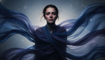 Vulnerable woman wrapped in flowing blue fabric symbolizing deep sorrow and emotional struggle against a dark ethereal background