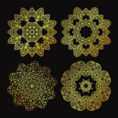 Four Golden Ornate Mandalas on Black Background intricate