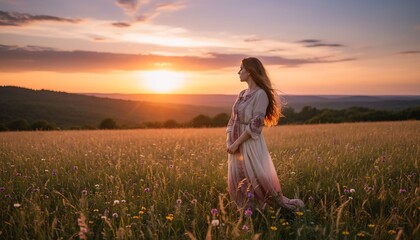 A peaceful young woman in a flowing dress standing in a sun-drenched golden field at sunset symbolizing freedom and natural beauty