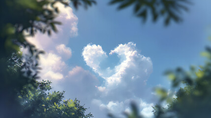 Obraz premium Love in the Clouds: A heart-shaped cloud floats serenely in a vibrant blue sky, framed by lush green foliage, invoking feelings of love, romance, and tranquility.