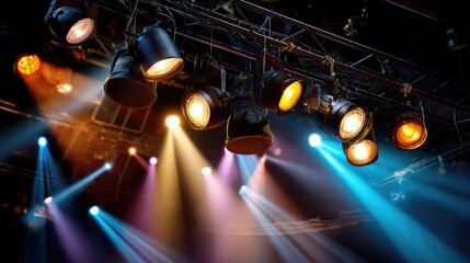 Dramatic Stage Lighting Effects Illuminating a Theatrical Performance with Colorful Rays and Shadows in a Dark Environment