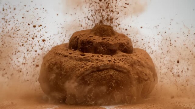 Cinnamon Roll Covered With Powdered Chocolate Explosion on White