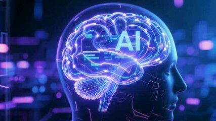 Advanced artificial intelligence visualization showing a human head with a glowing AI brain hologram and digital interface elements. Concept of human and AI interaction, future technology, and intelli - Powered by Adobe