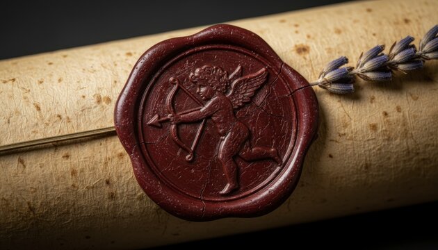 Antique parchment scroll sealed with dark red wax featuring Cupid and lavender