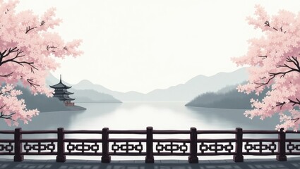 Serene japanese lake with cherry blossoms