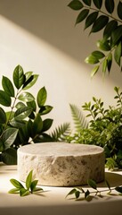 round stone pedestal on table soft cream background