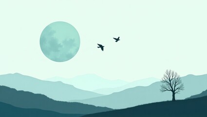 Moonlit mountain landscape with birds