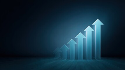 Abstract illustration of upward arrows representing growth, progress, and success in a modern business environment with a sleek dark background