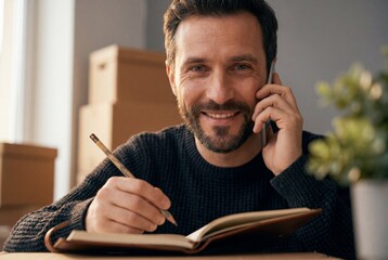 Smiling bearded man talking on mobile phone and writing notes in notebook near cardboard boxes