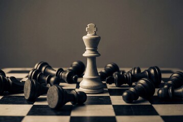 White chess king standing alone among fallen black pieces on a checkered board symbolizing victory