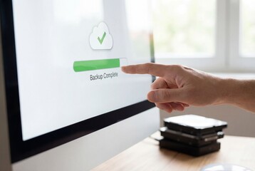 Hand pointing at backup complete message on computer screen with green progress bar and cloud icon