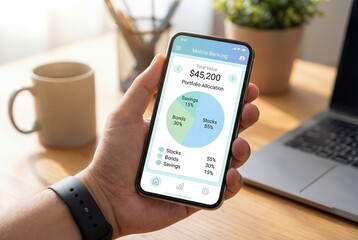 Close up of hand holding phone with financial banking app showing stocks bonds and savings pie chart