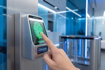 Hand touching biometric scanner showing access granted on digital screen in modern corporate office