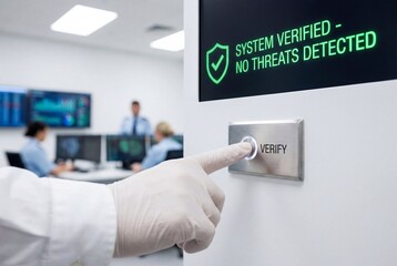Technician pressing verify button on security panel showing system verified and no threats detected