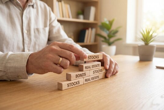 Man stacking wooden blocks labeled stocks real estate and bonds for investment portfolio planning