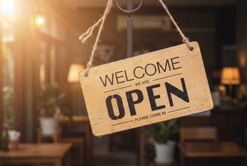 Wooden open sign hanging by twine at shop entrance with welcome text and warm blurred background