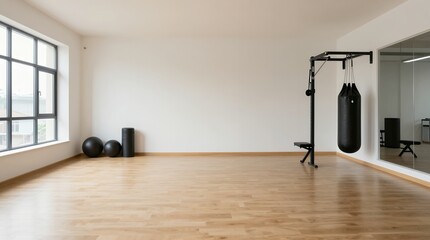 Minimalist empty boxing studio with punching bag mirrored wall and natural light