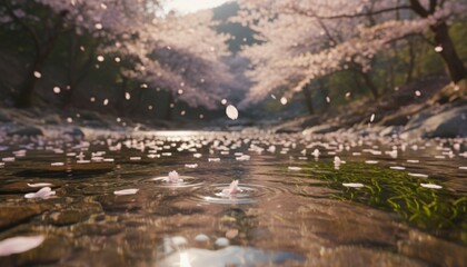 Fototapeta premium Falling pink cherry blossom petals drift on a sunlit forest stream