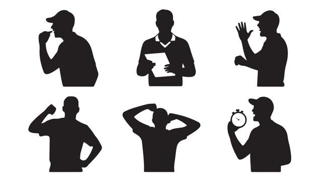 Sports Coaches Silhouettes Vector Set with Whistle, Clipboard, and Stopwatch Isolated on White