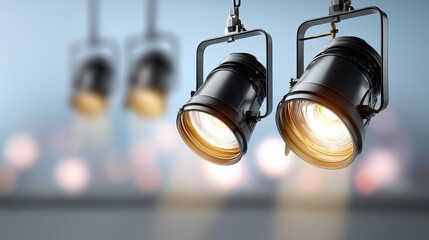 Stage Lighting Fixtures Hanging Above with Bright Light in a Theater Setting, Ideal for Performance and Entertainment Photography
