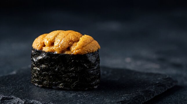 Uni Sushi Delights: A close-up shot of a single uni sushi piece, showcasing the vibrant golden-orange sea urchin nestled atop a dark seaweed wrap, capturing the essence of fine dining.