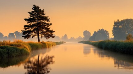 Obraz premium Serene Sunrise Over Calm River with Lone Pine Tree and Peaceful Reflections in Misty Landscape of Early Morning Nature Scene