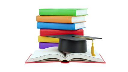 Stack of Books with Graduation Cap and Open Book
